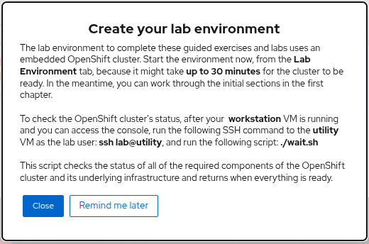 "Create your lab environment" popup window