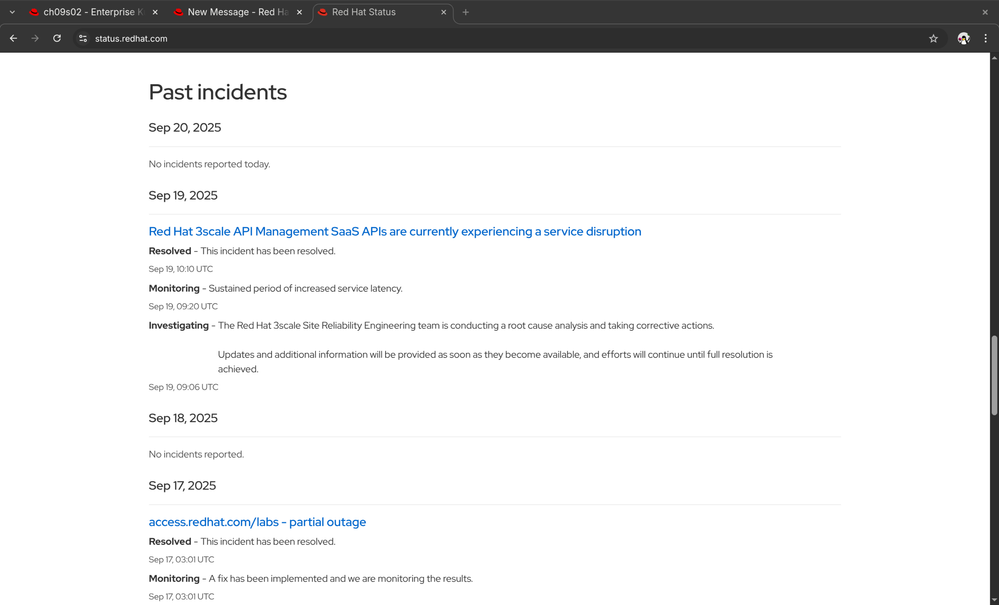 status.redhat.com "No incidents reported today"
