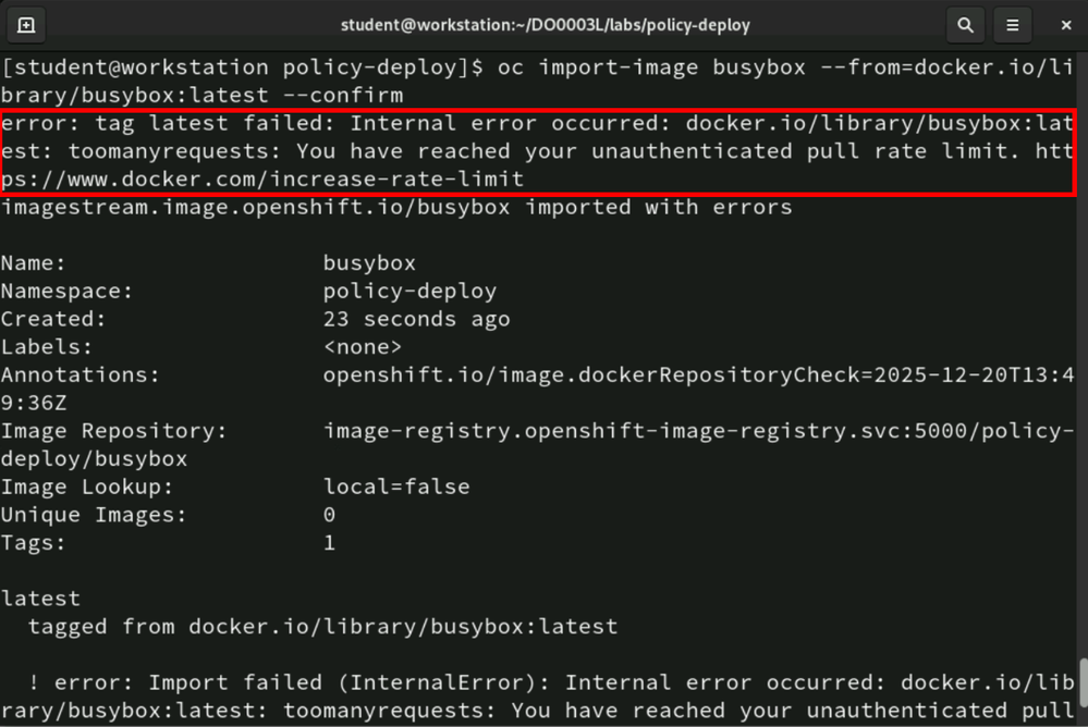 oc import-image with busybox image fails due to Docker Hub rate limits