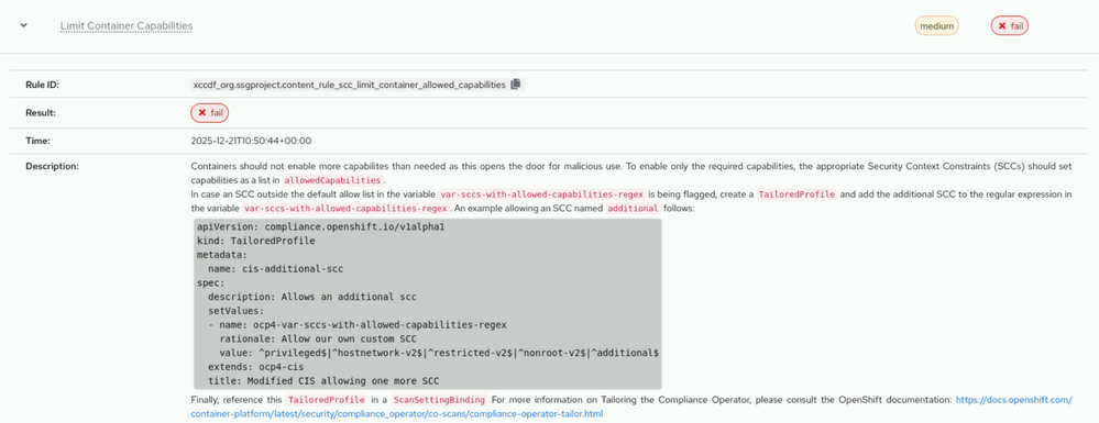 Failed compliance check "Limit container capabilities" not mentioned in lab notes.