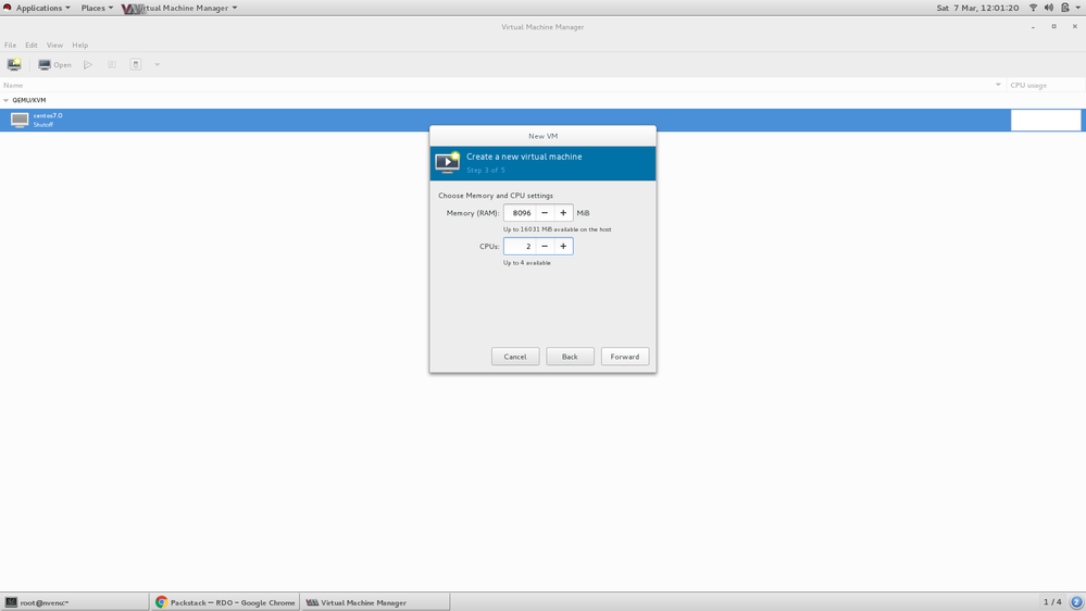 Creating VM in Virt-Manager - Step 3 -  (Choose appropriate RAM 8 GB and CPU 2 core)